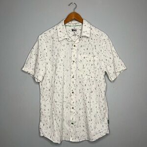 REI Co-op Short Sleeve Button Front Mens White Abstract Geometric Print Shirt